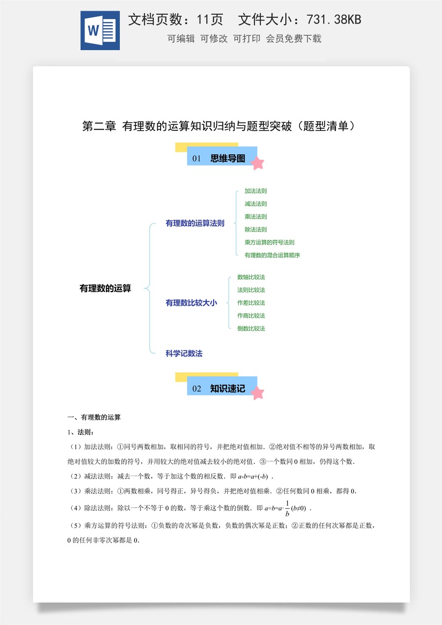 初中七年级上册数学-第二章-有理数的运算知识归纳（原卷版）.docx