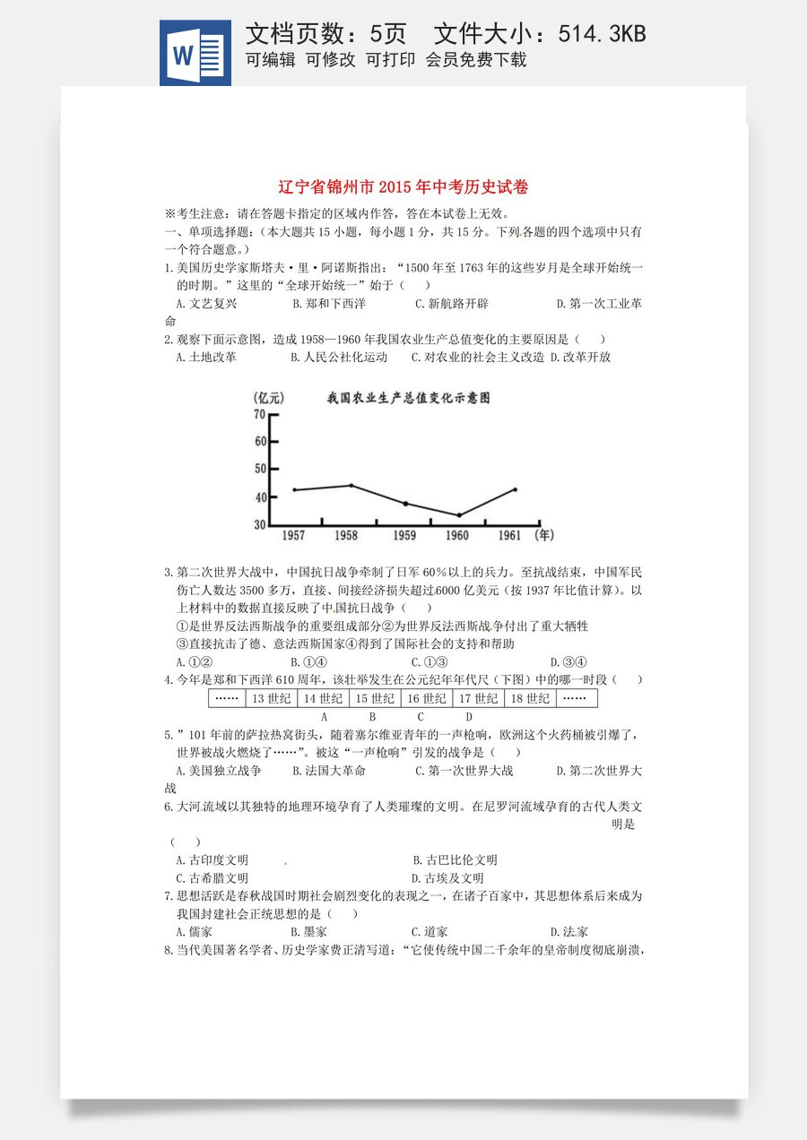2015年辽宁省锦州市中考历史真题试题（含答案）.doc