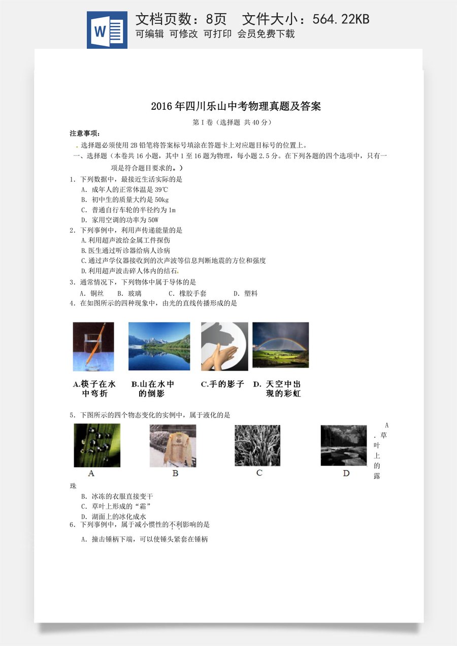 2016年四川乐山中考物理真题及答案.doc