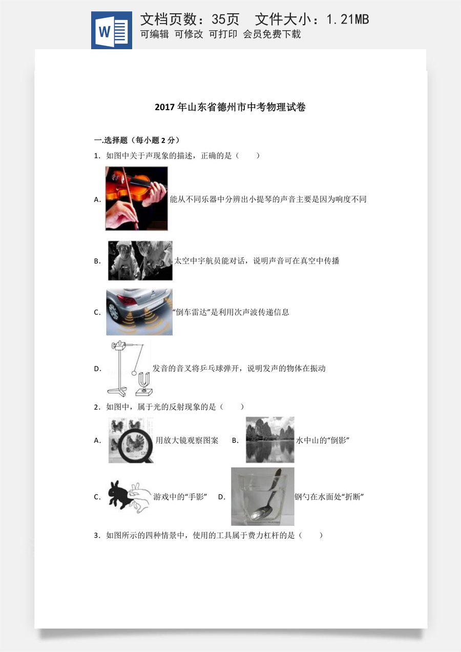 2017年德州市中考物理试题及答案解析.doc
