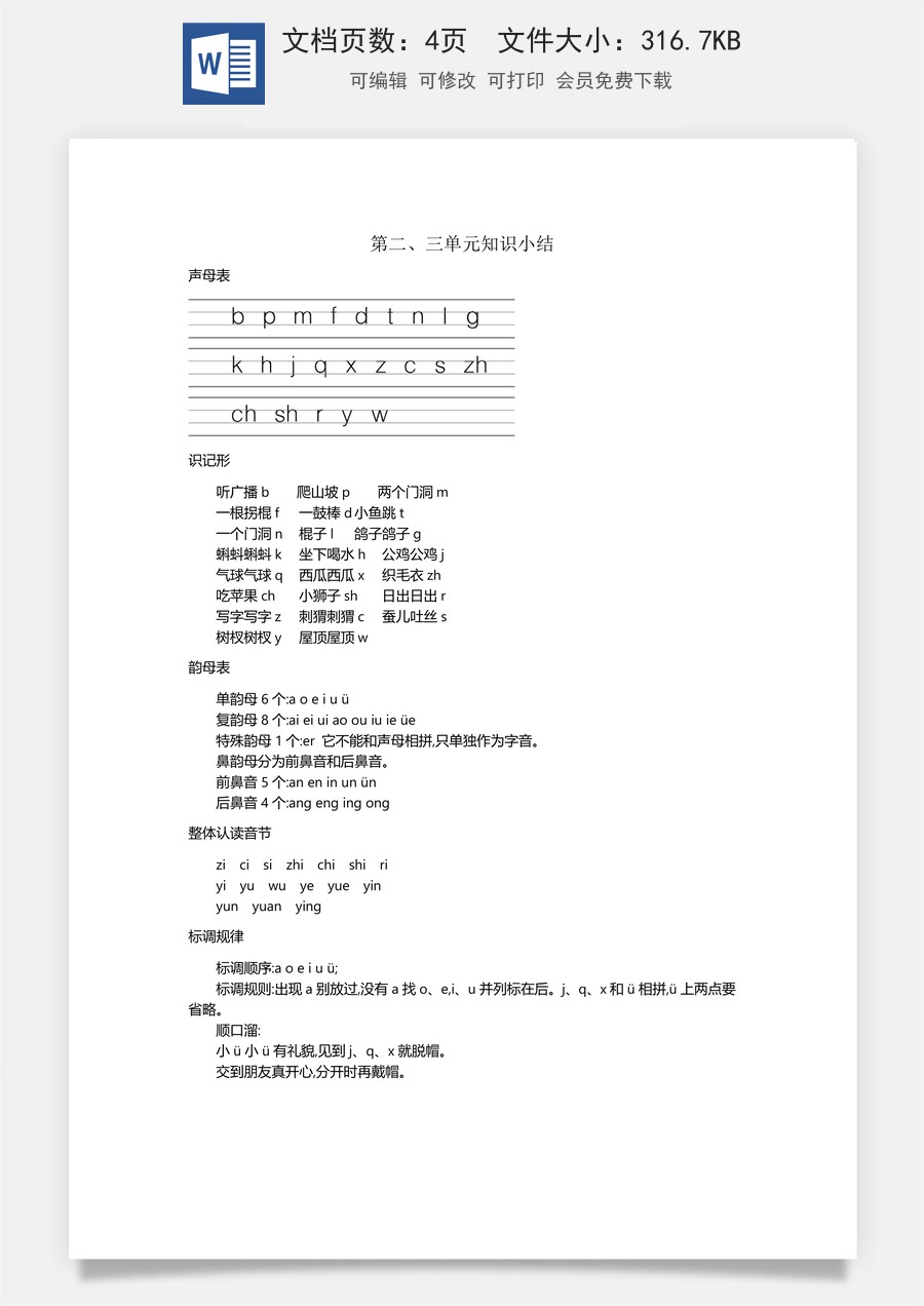 小学一年级语文上册第二、三单元知识小结.docx
