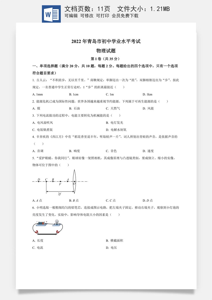 精品解析：2022年山东省青岛市中考物理试题（原卷版）.docx