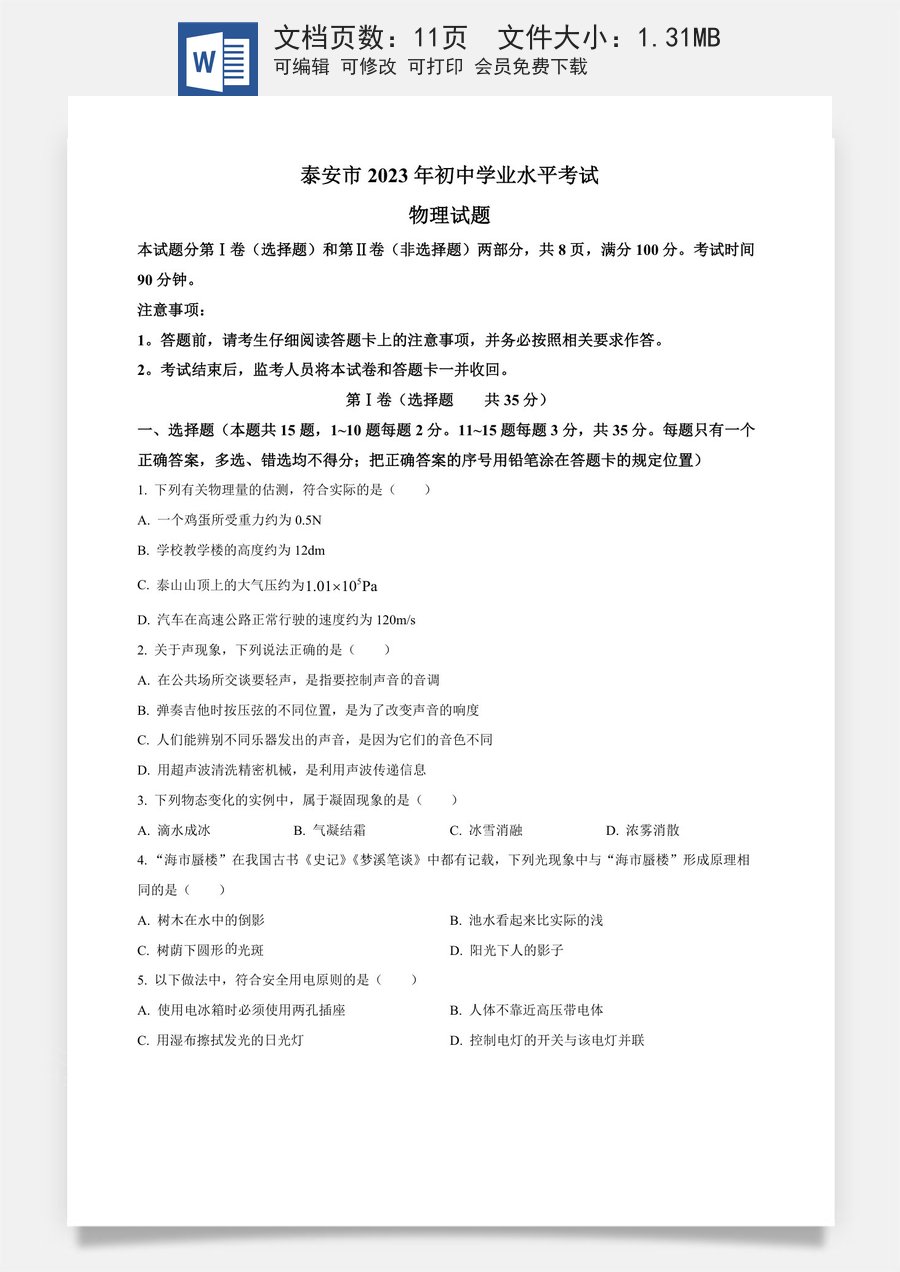 精品解析：2023年山东省泰安市中考物理试题（原卷版）.docx