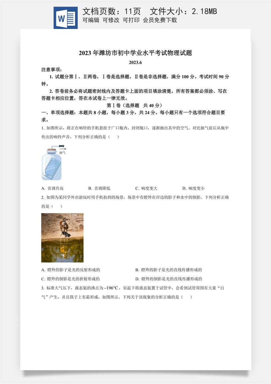 精品解析：2023年山东省潍坊市中考物理真题（原卷版）.docx