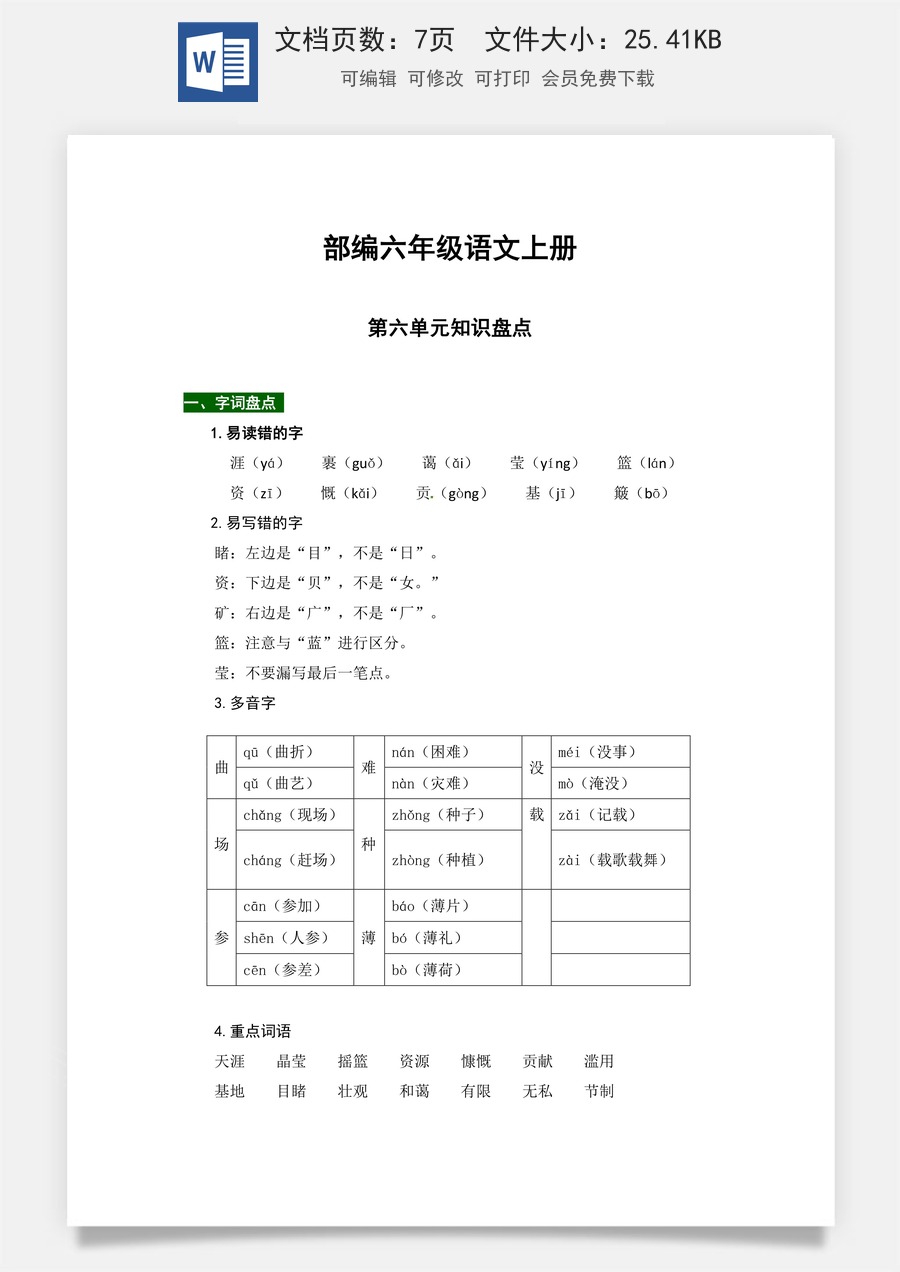 【热点难点一网打尽】部编六年级语文上册第六单元知识点汇总（含字词、佳句、感知、考点）.docx