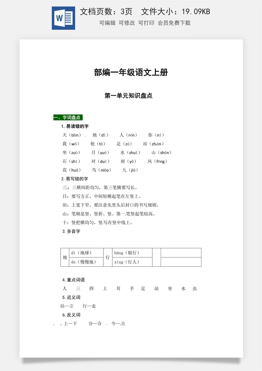 【热点难点一网打尽】部编版一年级语文上册第一单元知识点汇总（含字词、佳句、感知、考点）.docx