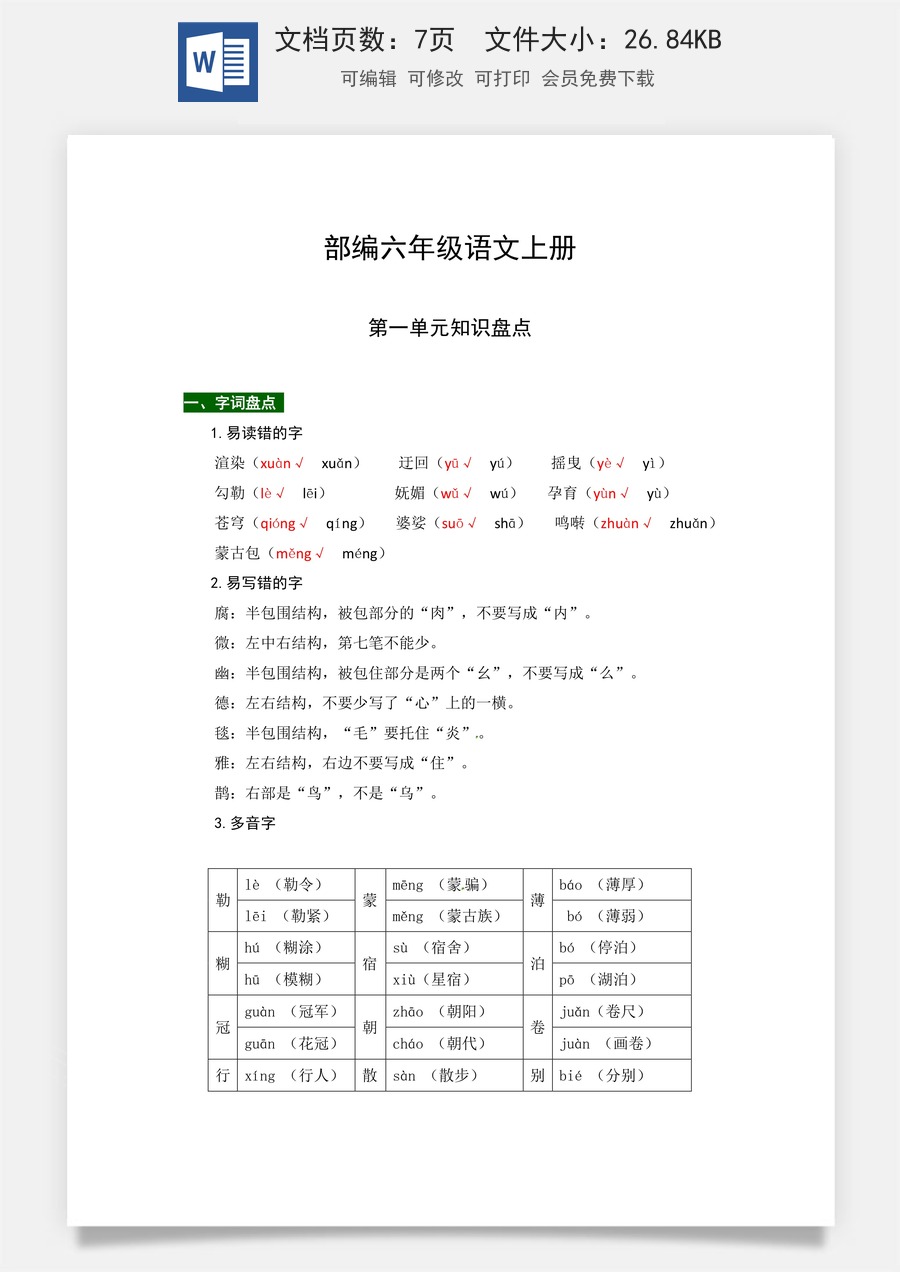 【热点难点一网打尽】部编版六年级语文上册第一单元知识点汇总（含字词、佳句、感知、考点）.docx