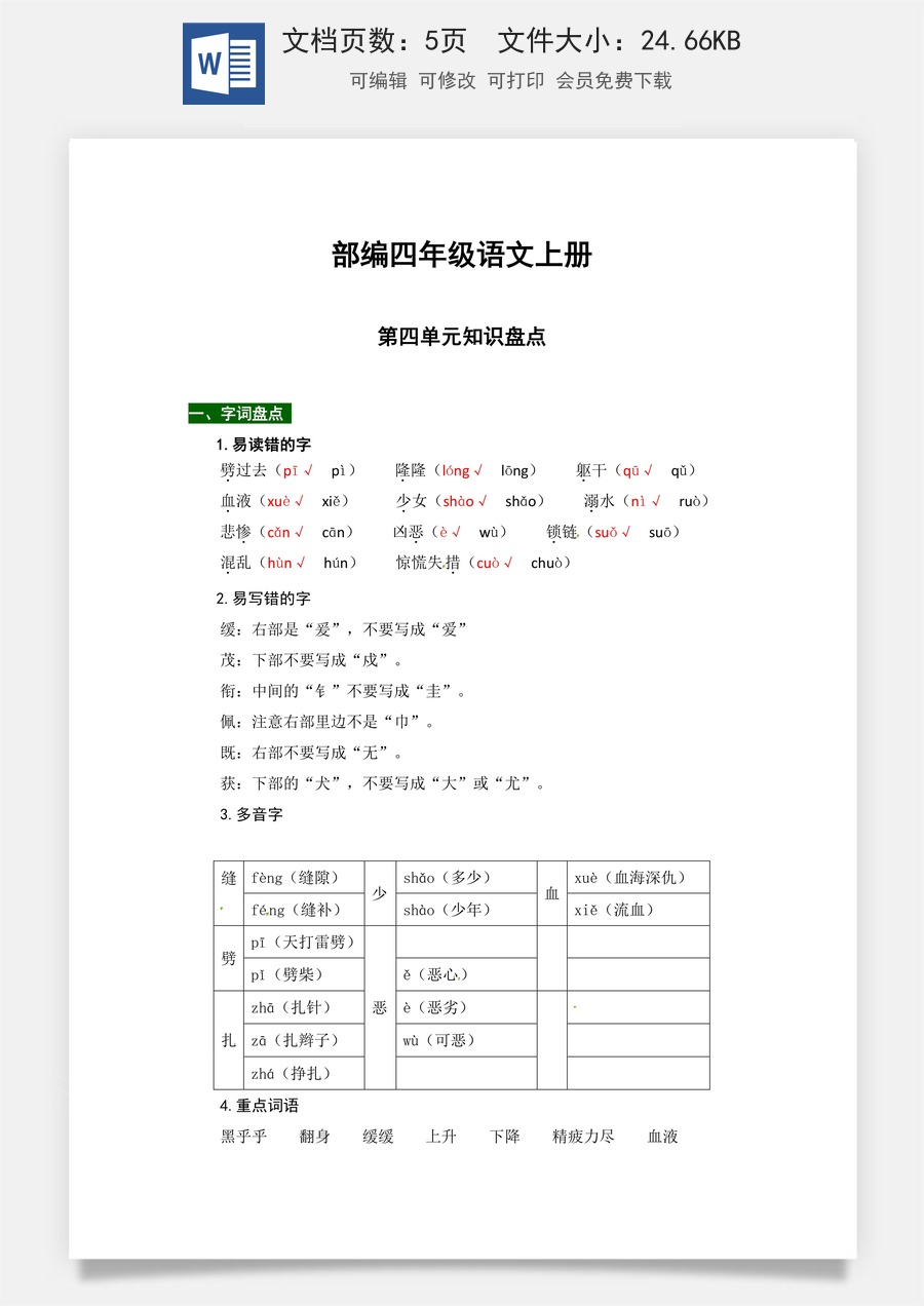 【热点难点一网打尽】部编版四年级语文上册第四单元知识点汇总（含字词、佳句、感知、考点）.docx