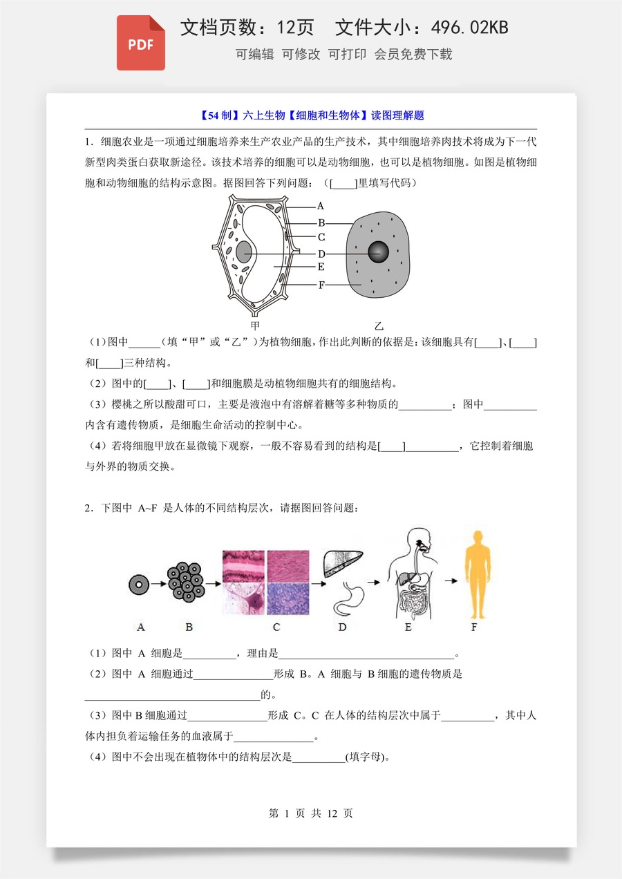 小学-六上小四门-生物-54制-六上生物专项练习题-新版-六上生物-细胞和生物体-读图理解题.pdf
