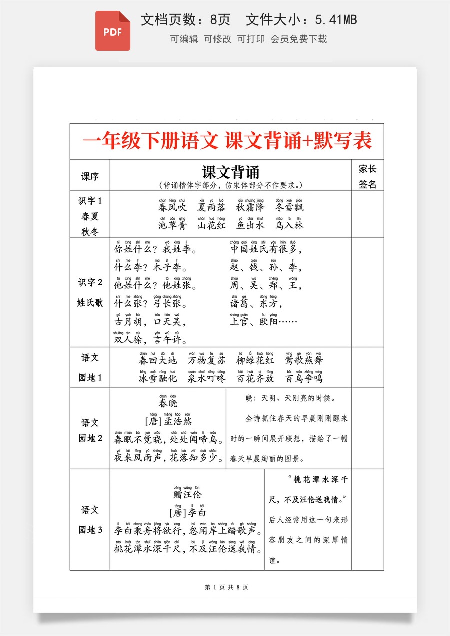 小学-语文-一下语文-1002一年级下册语文课文背诵+默写表.pdf