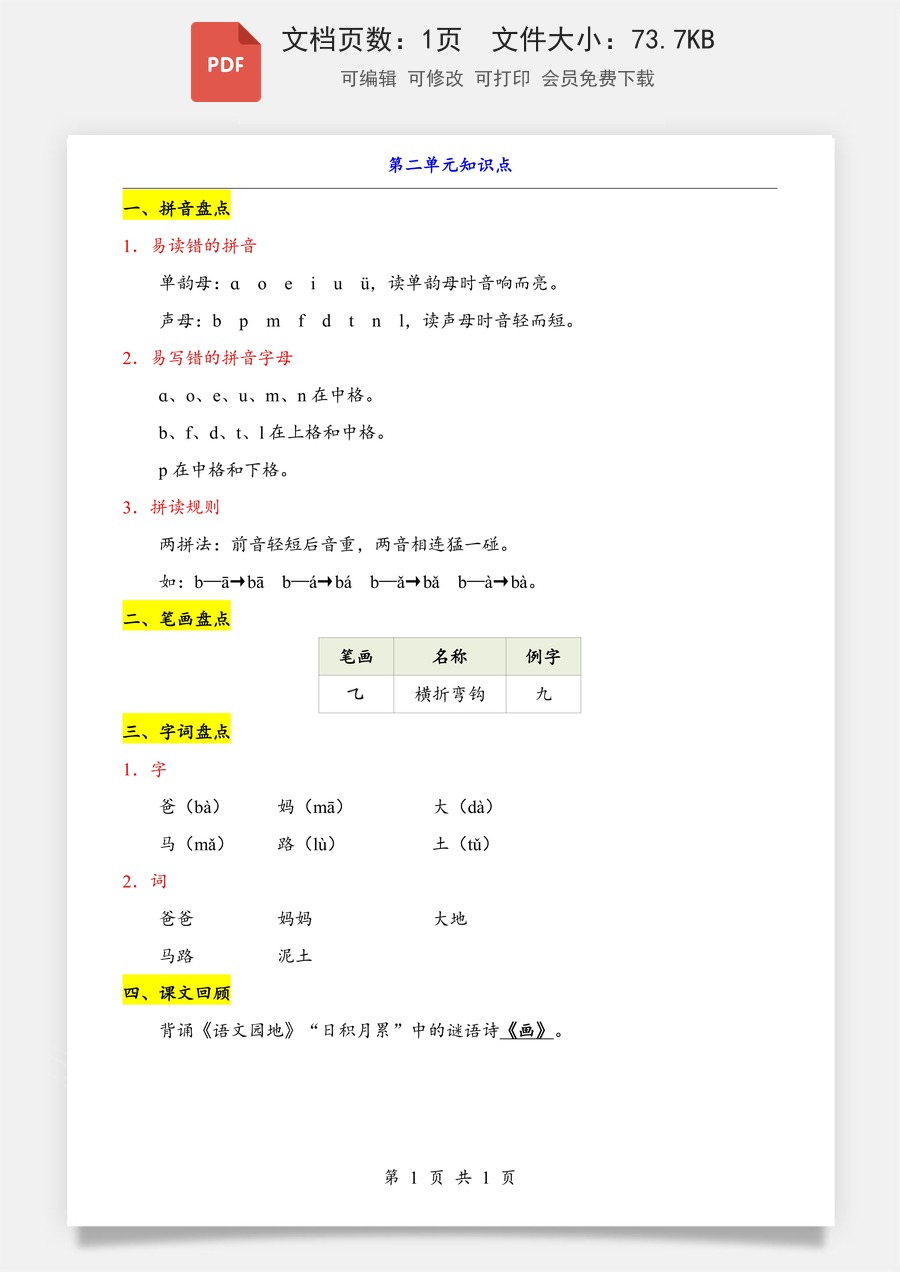 小学-语文-一年级上-第2单元（知识点）.pdf