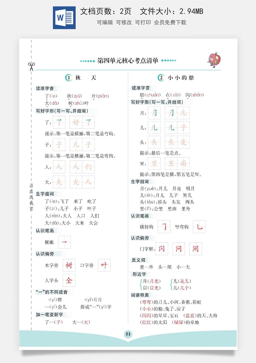 小学一年级语文上册第四单元核心考点清单.pdf